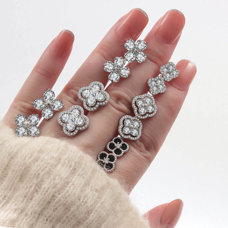 Leaf Clover 925 Sterling Silver Studs Earrings Rhodium Plated S925 Siver Cubic Zircon Necklace Stud EarringsJewelry Set