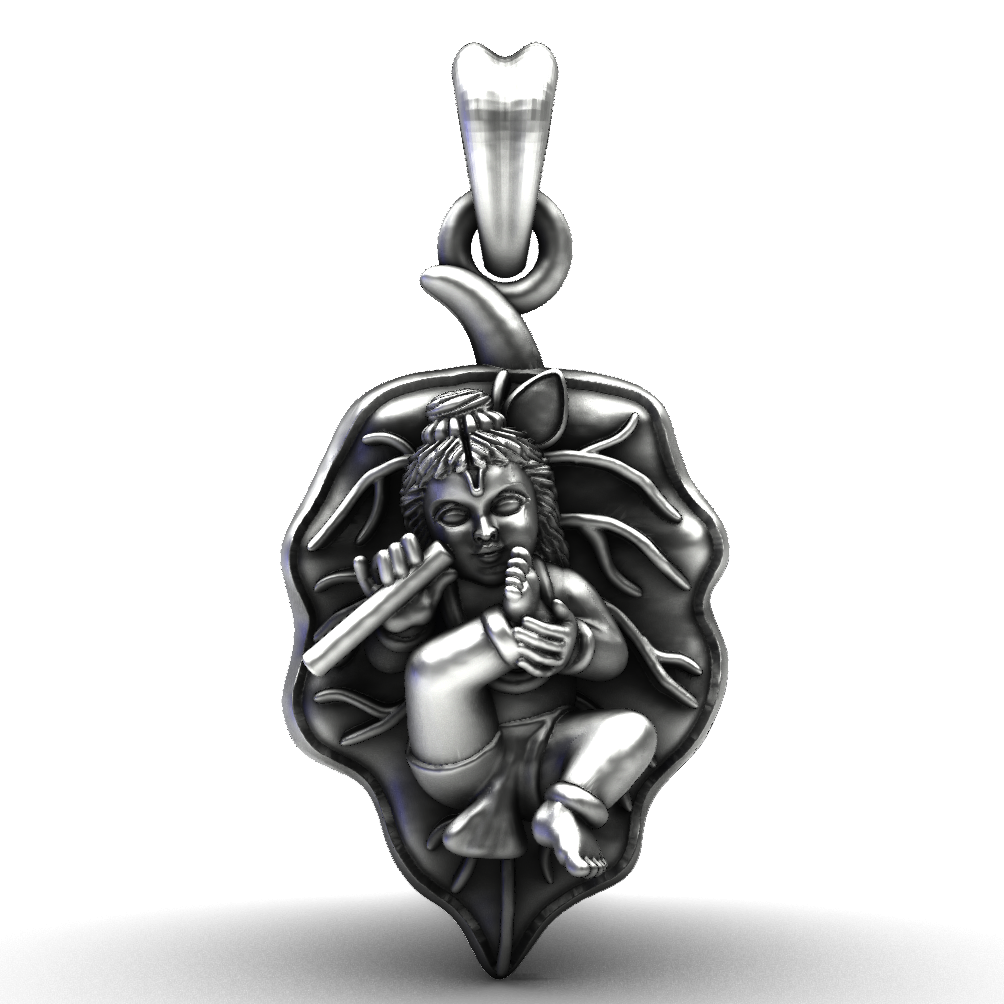 925 Sterling Silver Bala Krishna on Banyan Leaf Pendant