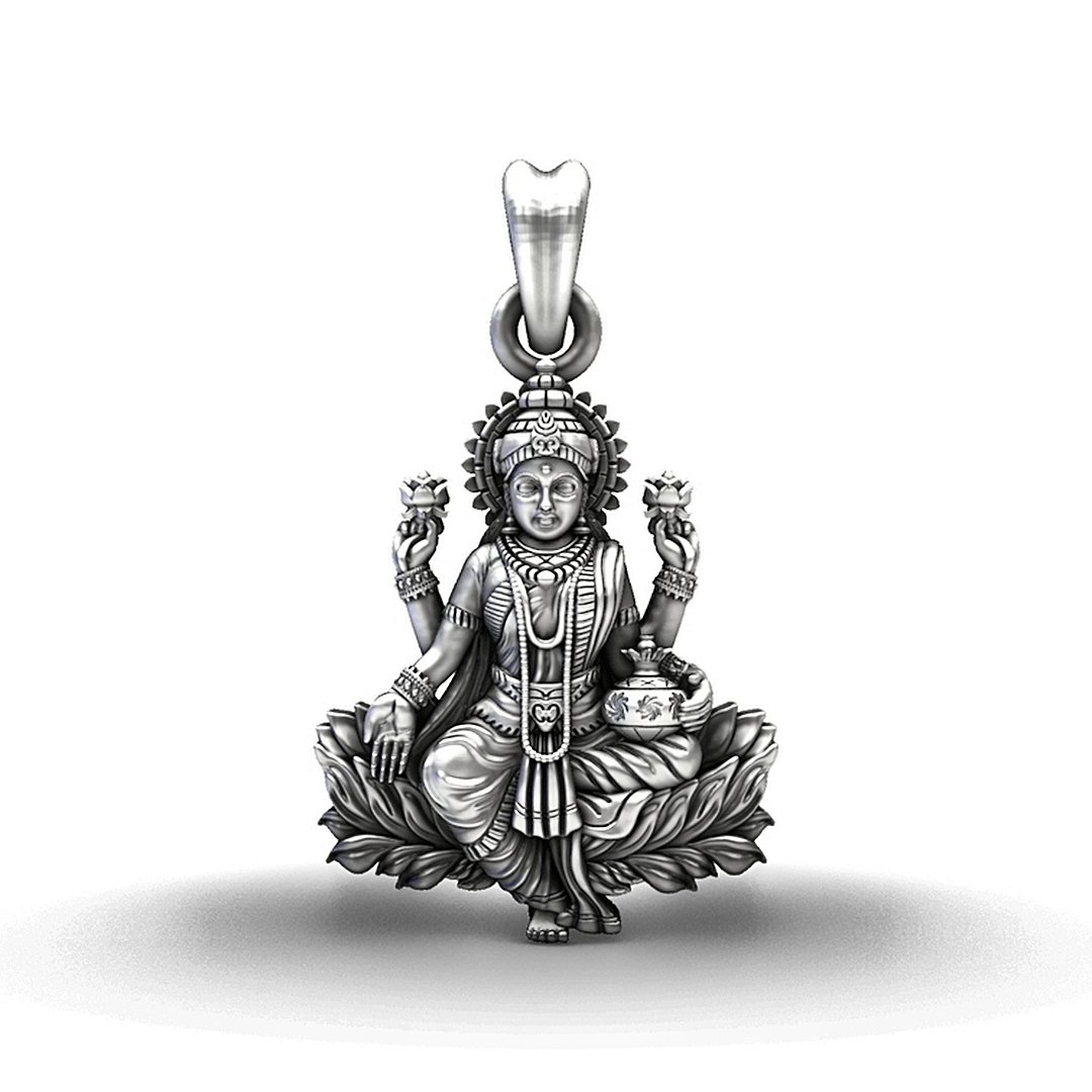 925 Sterling Silver Seated Maa Lakshmi on Full Bloom Lotus Pendant