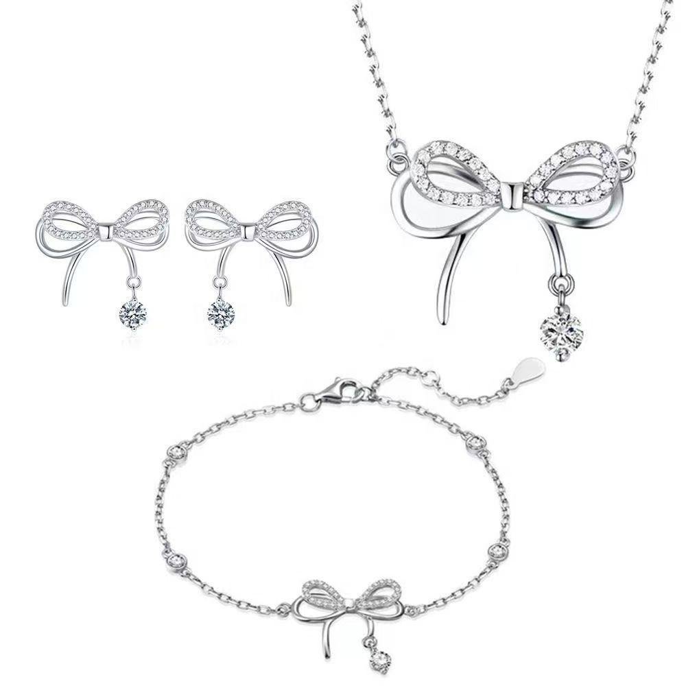 Hot Sale High-quality 925 Sterling Silver Jewelry Sets Shiny Zirconia Bow Tie Necklace for Women Simple and Versatile Jewelry