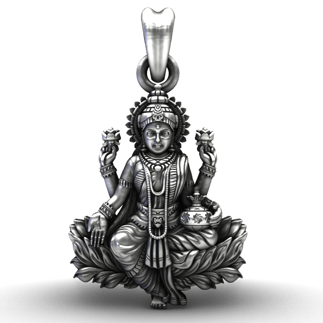 925 Sterling Silver Seated Maa Lakshmi on Full-Bloom Lotus Pendant
