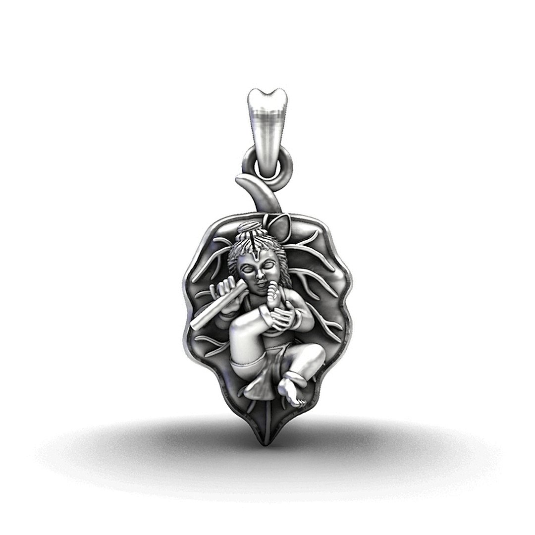925 Sterling Silver Bala Krishna on Banyan Leaf Pendant