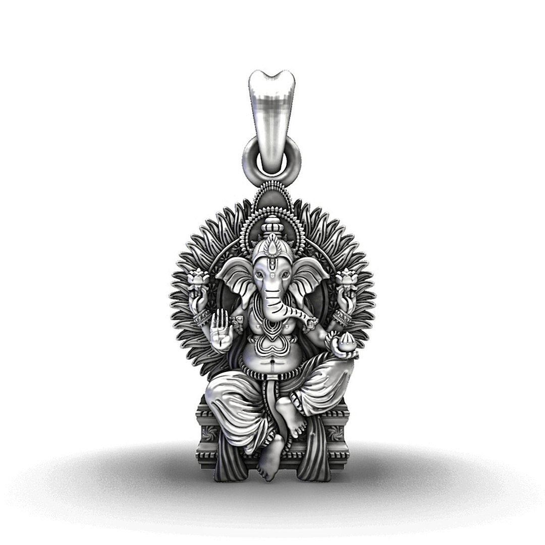 Handcrafted 92.5 Sterling Silver Ganesha Pendant in Prabhavali Frame