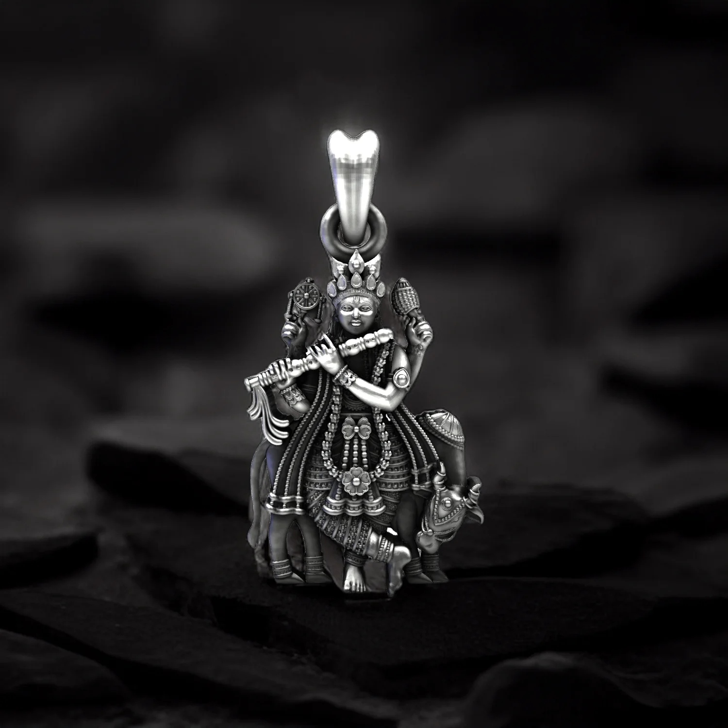 Krishna with Sacred Cow Pure 925 Silver Pendant