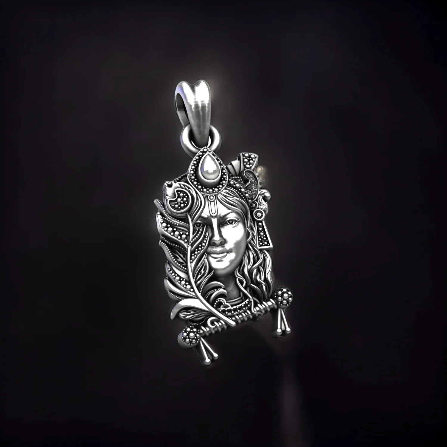 Sterling 925 Silver Krishna Face & Morpankh Pendant